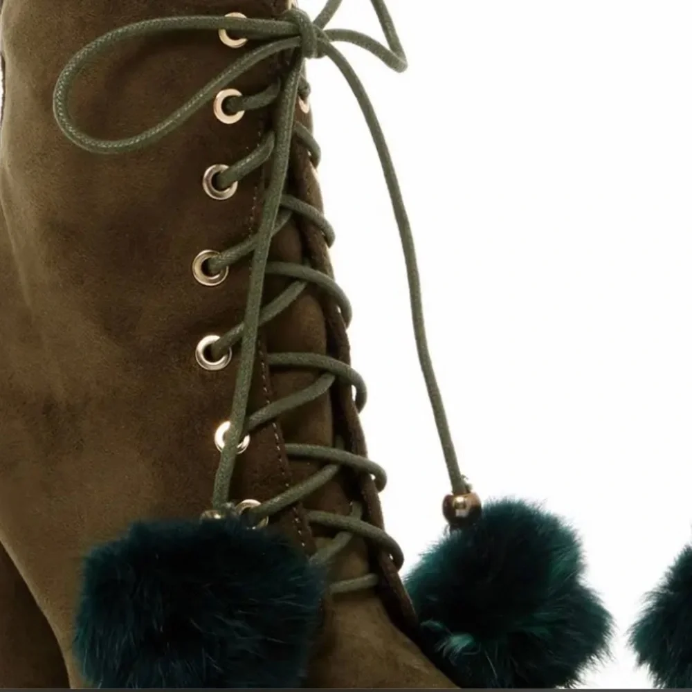 Catherine Malandrino Olive Green Fur Pom Pom Ankle Bootie